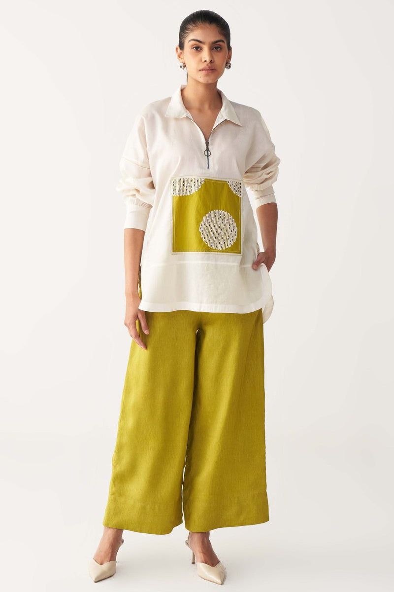EMB. PATCH U HEM TOP -IVORY chanderi by THREE in ivory color for women Worldwide