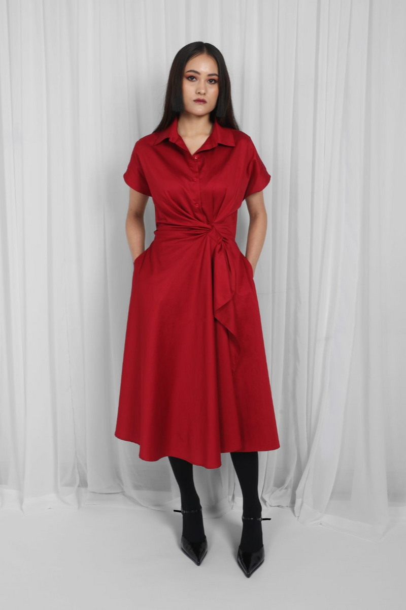 Wrap Dress-Red 100% cotton by Leh Studios in red color for women Worldwide