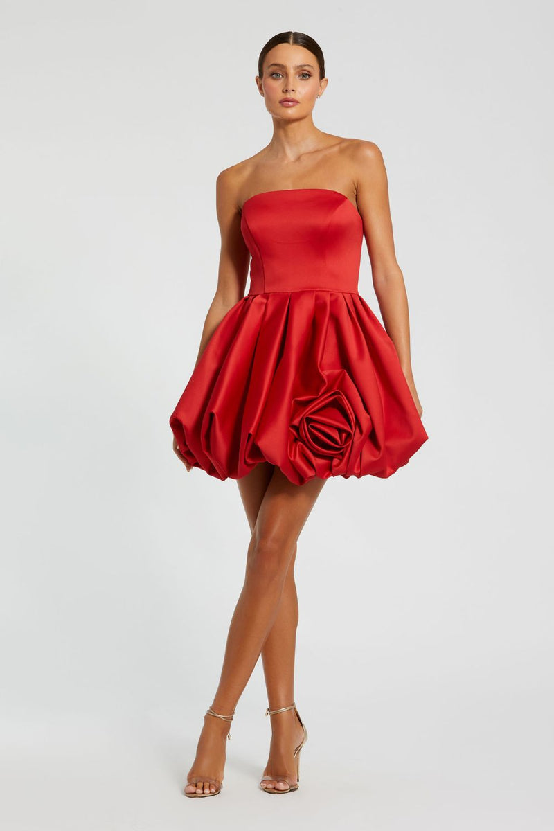 20705-Strapless Mini Dress With Rose Ruffle Detail by Mac Duggal in red color for women Worldwide