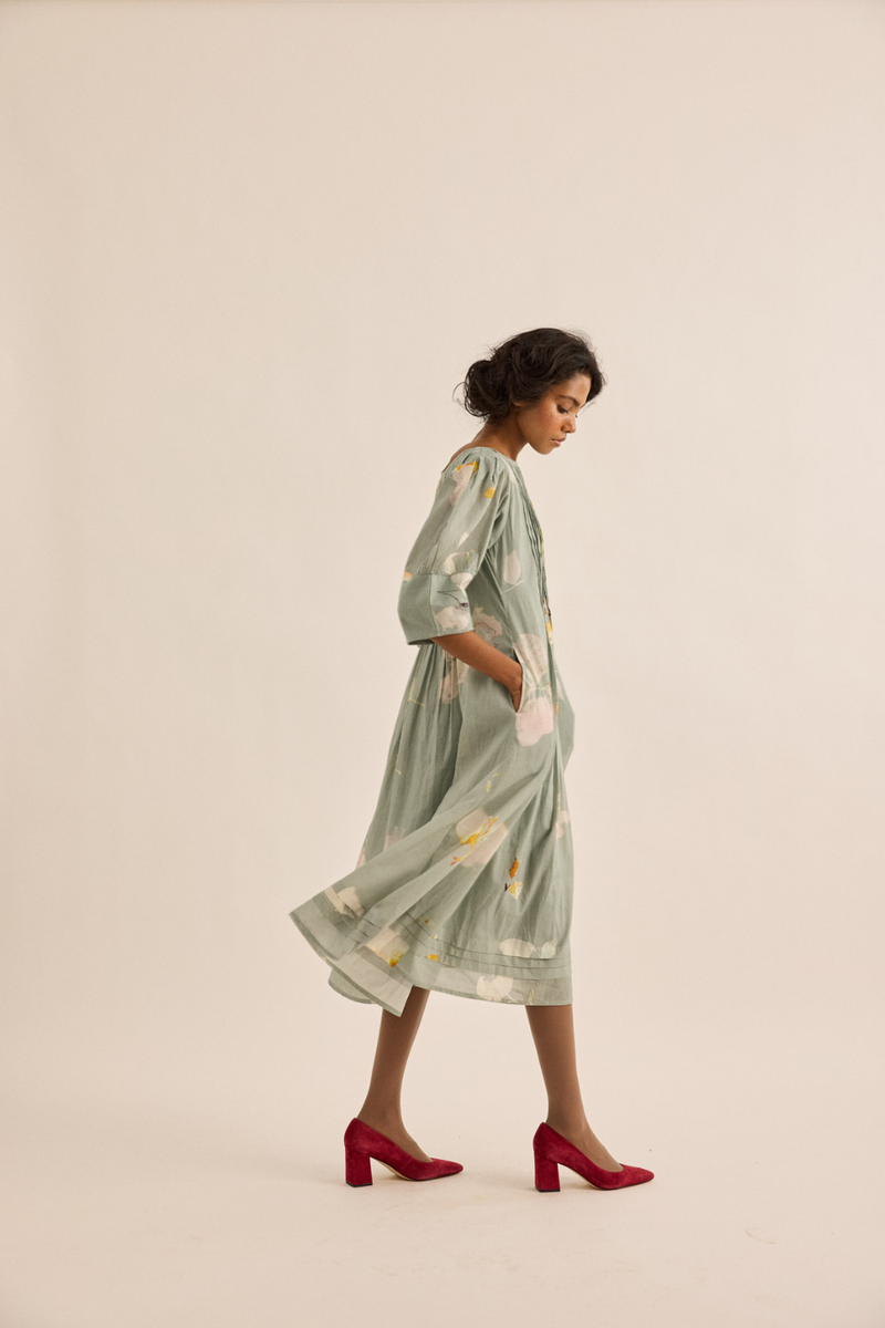 Cornflower Dress mul dress by Khara Kapas in sage green for women Worldwide