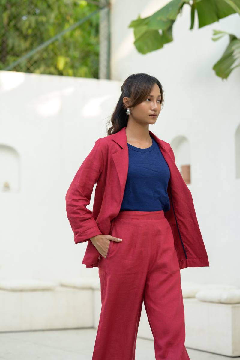 Crimson Sky Suit linen co-ord set by Zanzibar Living in crimson red for women Worldwide