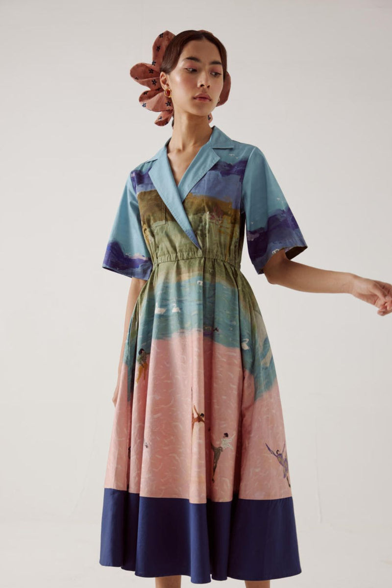 Print Blocked Dress-Skater cotton by CORD in multi for women Worldwide