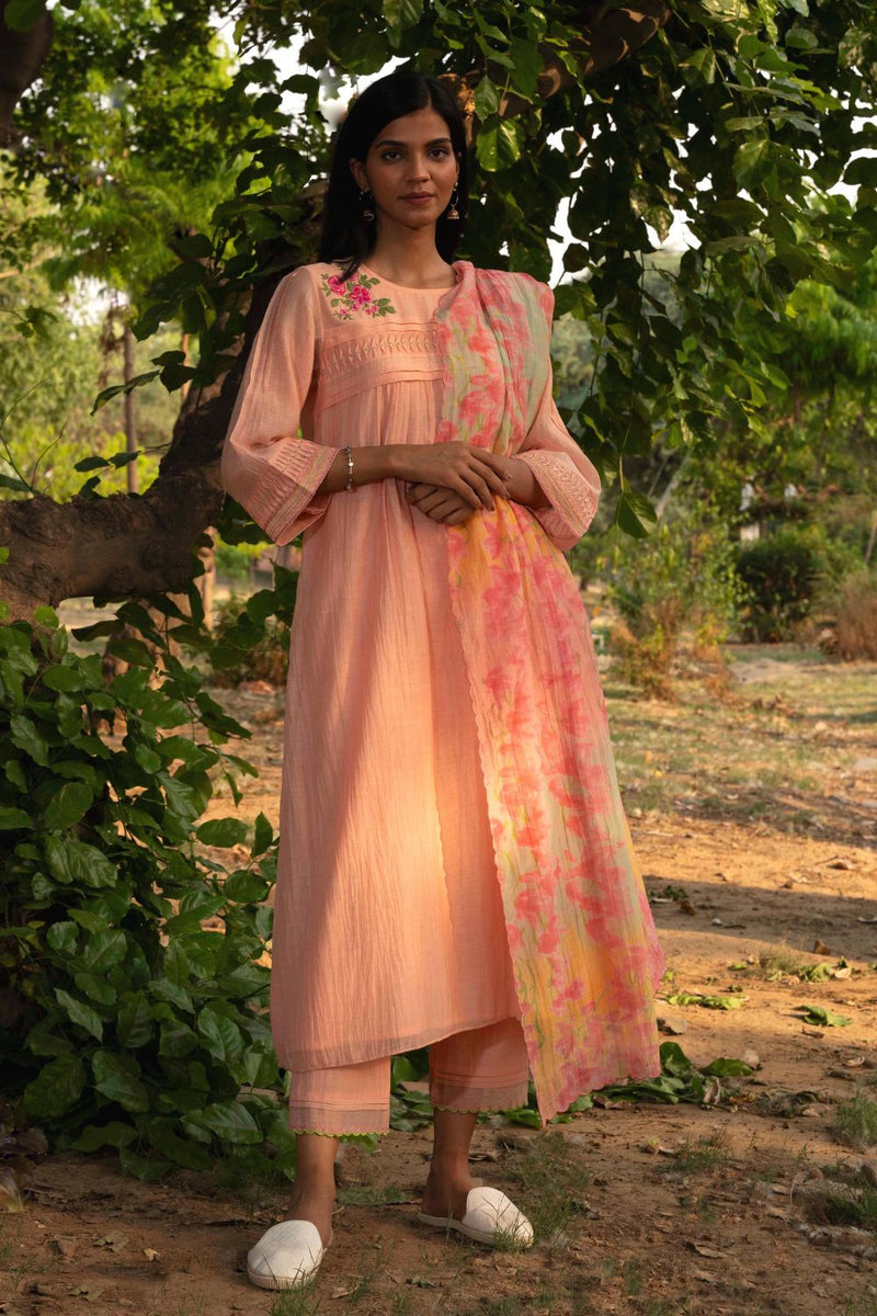 Maina Kurta Set-Peach silk by Priti Prashant in peach color for women Worldwide