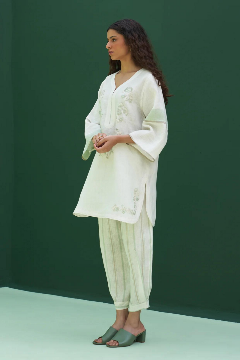 Insha Hand-Embroidered Kurta
 - Ivory linen by Manan in ivory color for women Worldwide