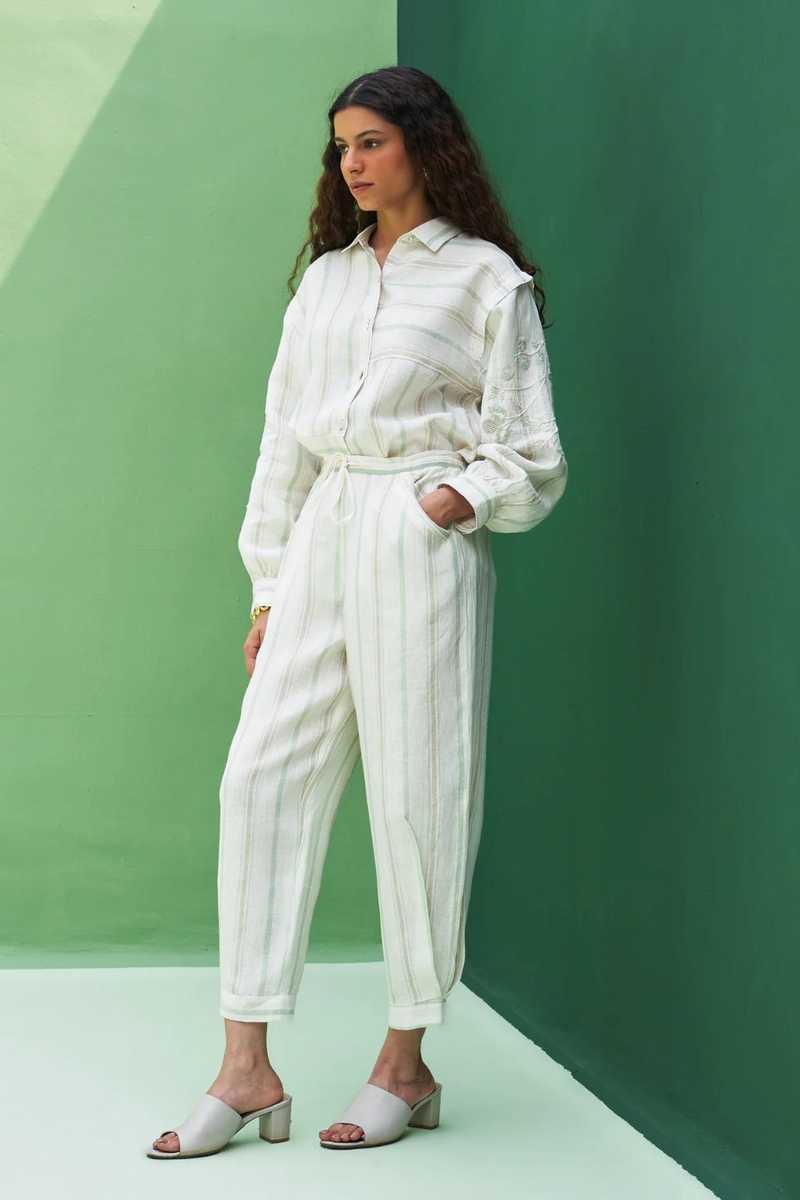 Akra Striped Linen Co-ord Set
 - Mint linen by Manan in mint color for women Worldwide