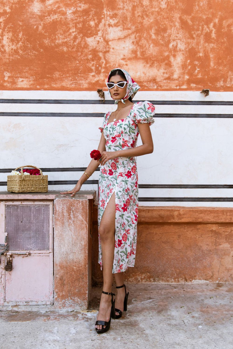 Raspberry & Rose Midi Dress - Off Shoulder Printed Cotton Midi Dress cotton Dress by Marche in white color for women Worldwide