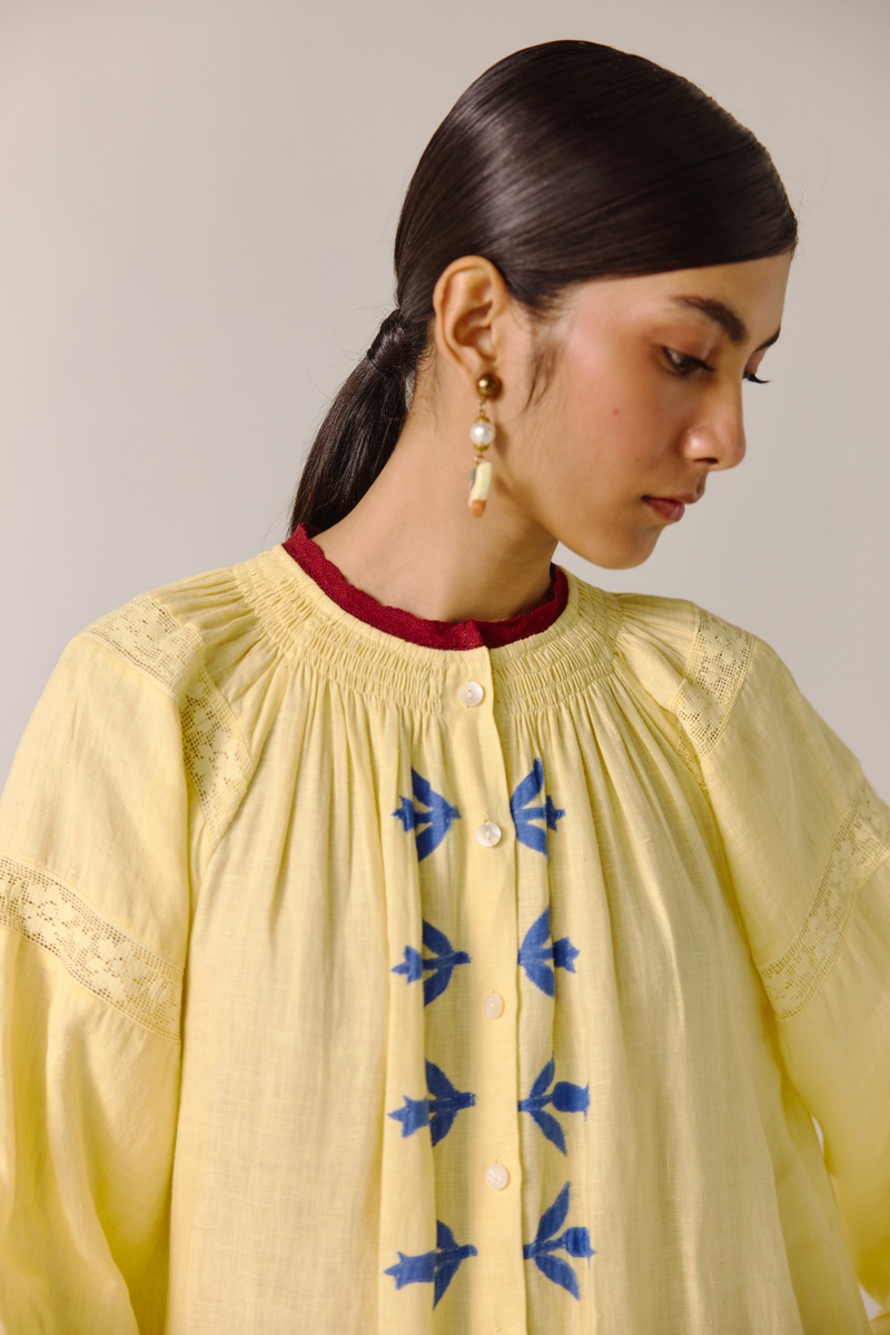 Chloe Dress - Butter Yellow Bird Applique by CORD in yellow for women Worldwide