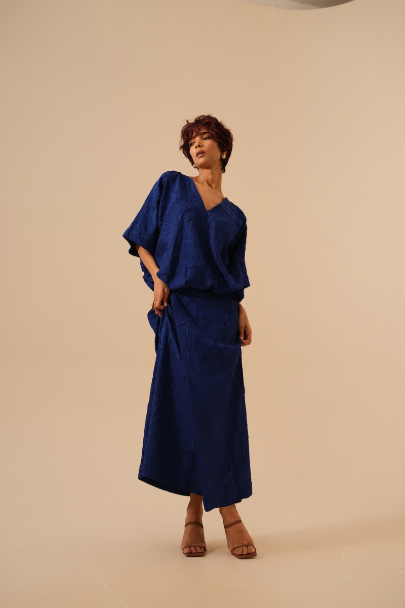 Unfold Dress-Electric Blue crushed silk dresses by Stoique in blue for women Worldwide