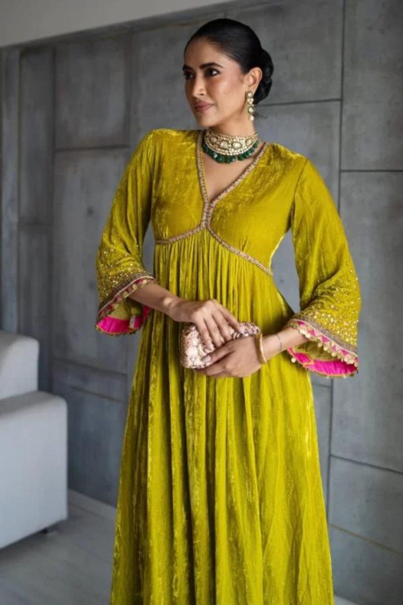 Nadira Lime Yellow Sprinkle Bell Sleeve Velvet Kurta Set by Rajiramniq for women Worldwide