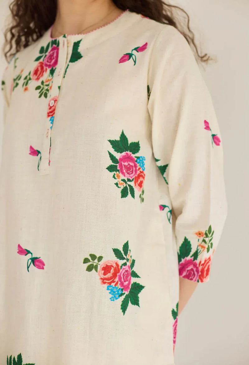 Rose Chintz Short Kurta Set cotton by Nadiya Paar in white color for women Worldwide
