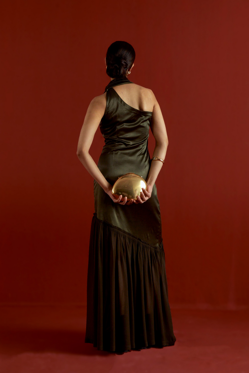 ONE SHOULDER DRESS-DARK OLIVE satin by THREE in olive color for women Worldwide