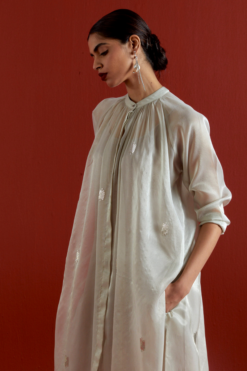 EMB. GATHER NECK SHIRT CO-ORD-METALLIC GREY tissue by THREE in grey color for women Worldwide