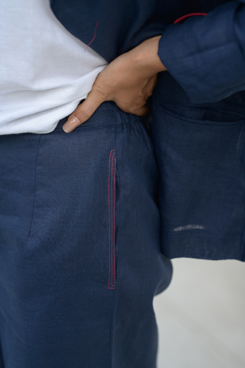 Midnight Line Suit linen co-ord set by Zanzibar Living in midnight blue for women Worldwide