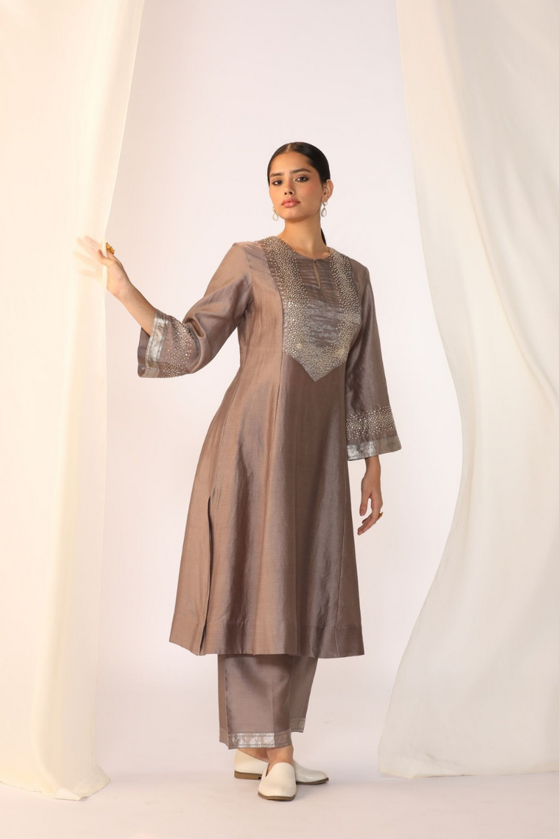 Silk chanderi kurta with french knot embroidery chanderi by Myoho in grey color for women Worldwide