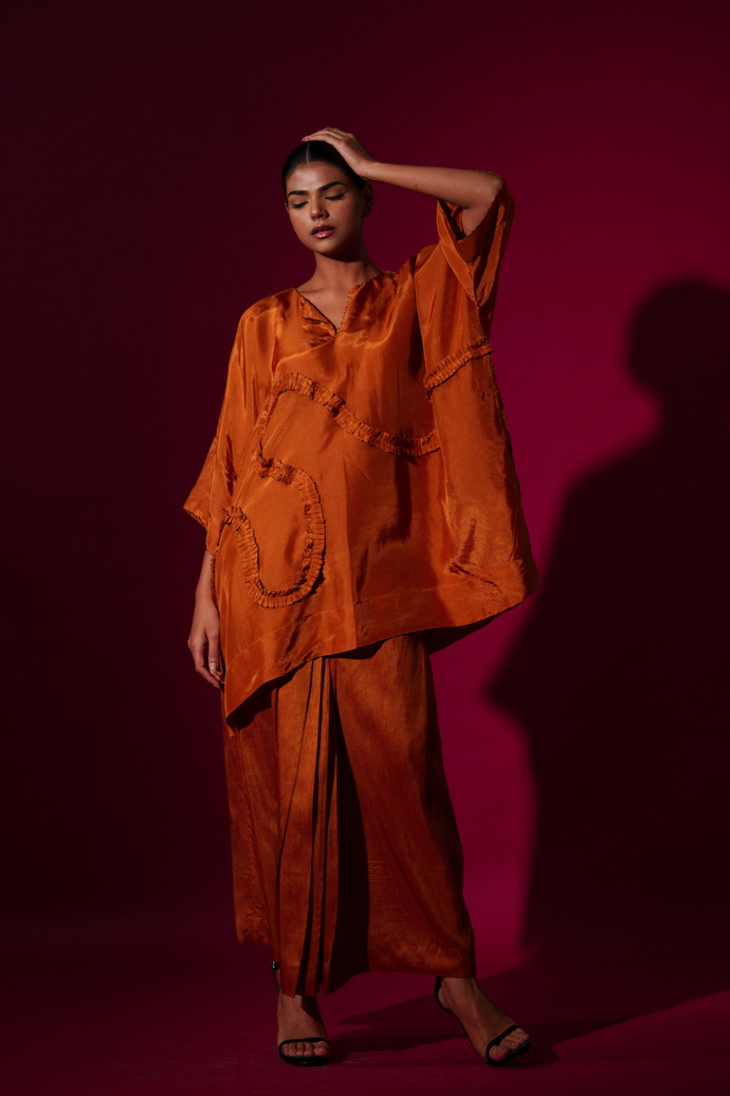 Flamingo Skirt-Rust orange mysore silk skirts by Stoique in rust orange for women Worldwide