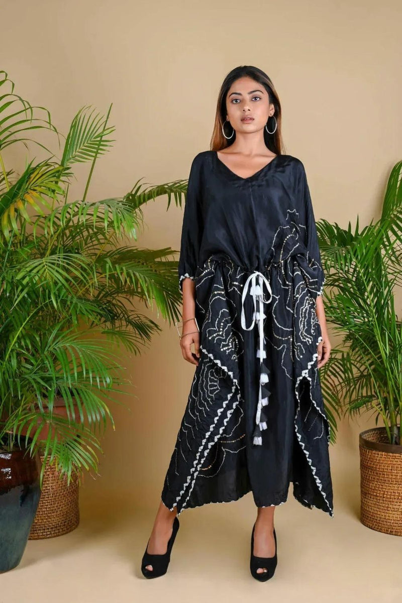 BOHEMIAN KAFTAN-BLACK silk by Dyelogue in black color for women Worldwide