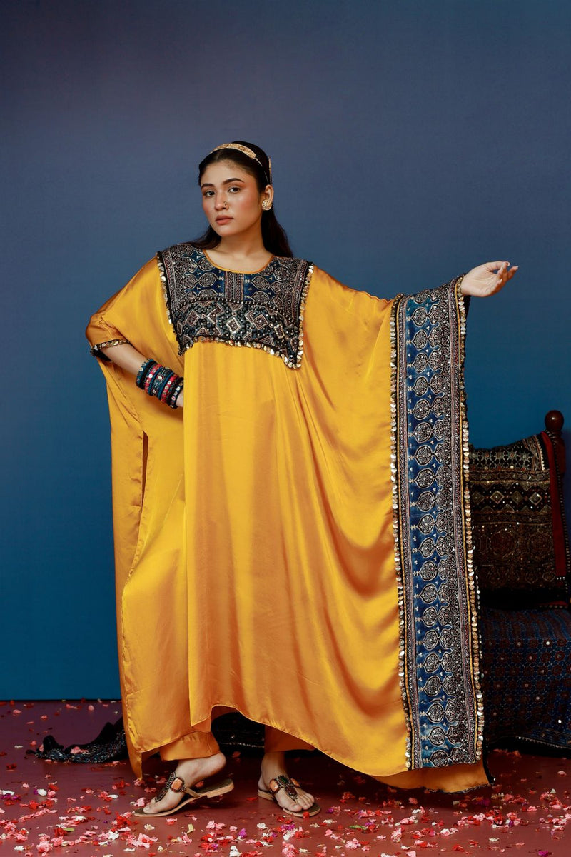 Saron Mustard Kaftan Set satin by PRAHNAAYA in yellow color for women Worldwide