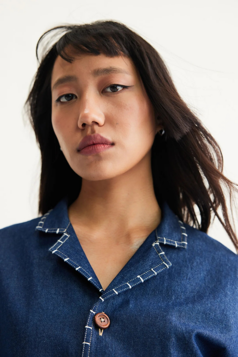 Ocean Morning Sustainable Denim Shirt cotton by SUI in blue color for men Worldwide