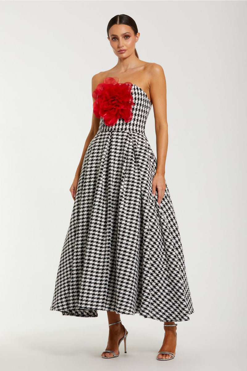 37068-Black and White Strapless Boucle A Line Midi Dress With 3D Flower by Mac Duggal in black color for women Worldwide