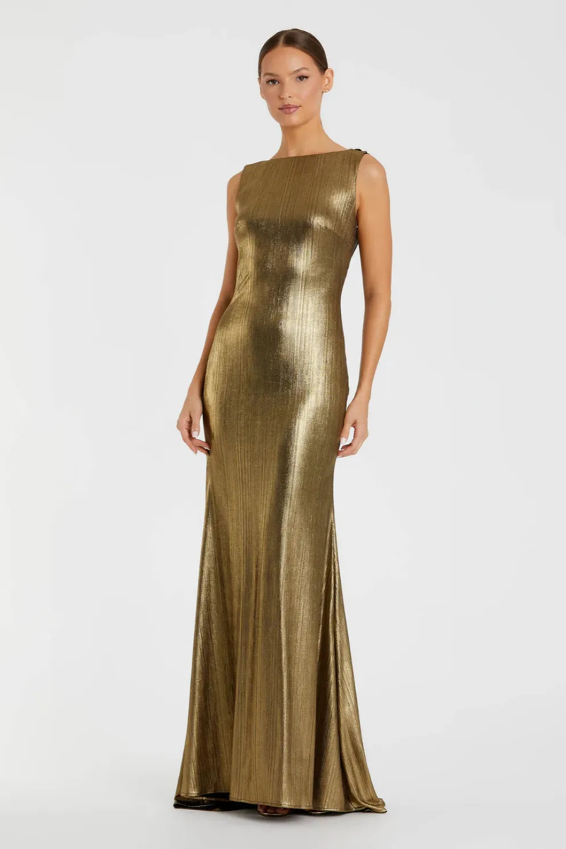 Gold Metallic Jersey Cowl Back Column Gown by Mac Duggal in gold color for women Worldwide