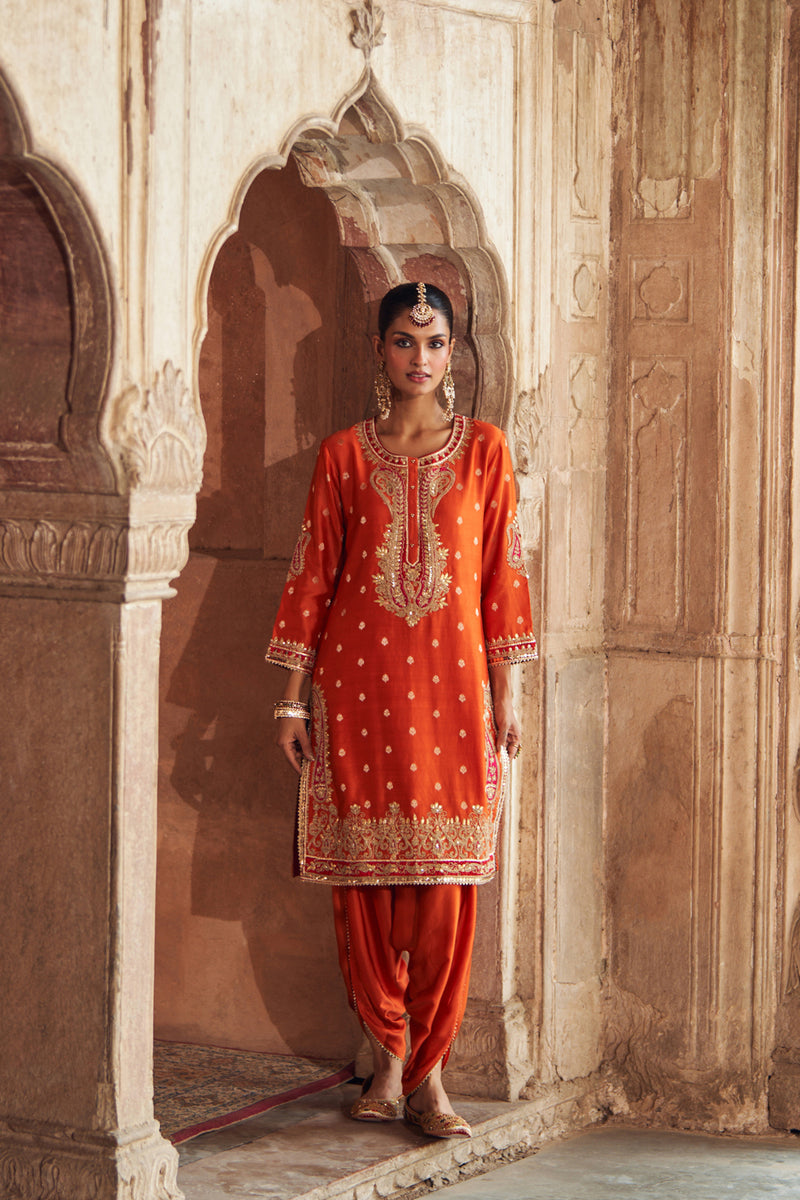FAHMIDA - BURNT ORANGE SHORT KURTA WITH SALWAR chanderi silk kurta/kurta set by SHEETAL BATRA in orange for women Worldwide