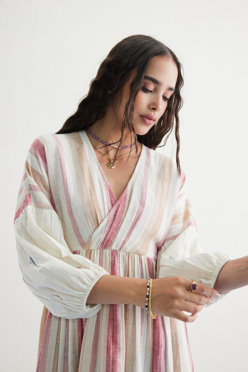 The Reef Shore Handwoven Kala Cotton Midi Dress cotton by SUI in white color for women Worldwide