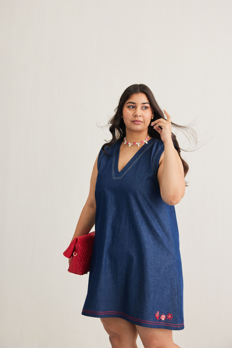 Deep Blue Sustainable Denim Dress cotton by SUI in blue color for women Worldwide