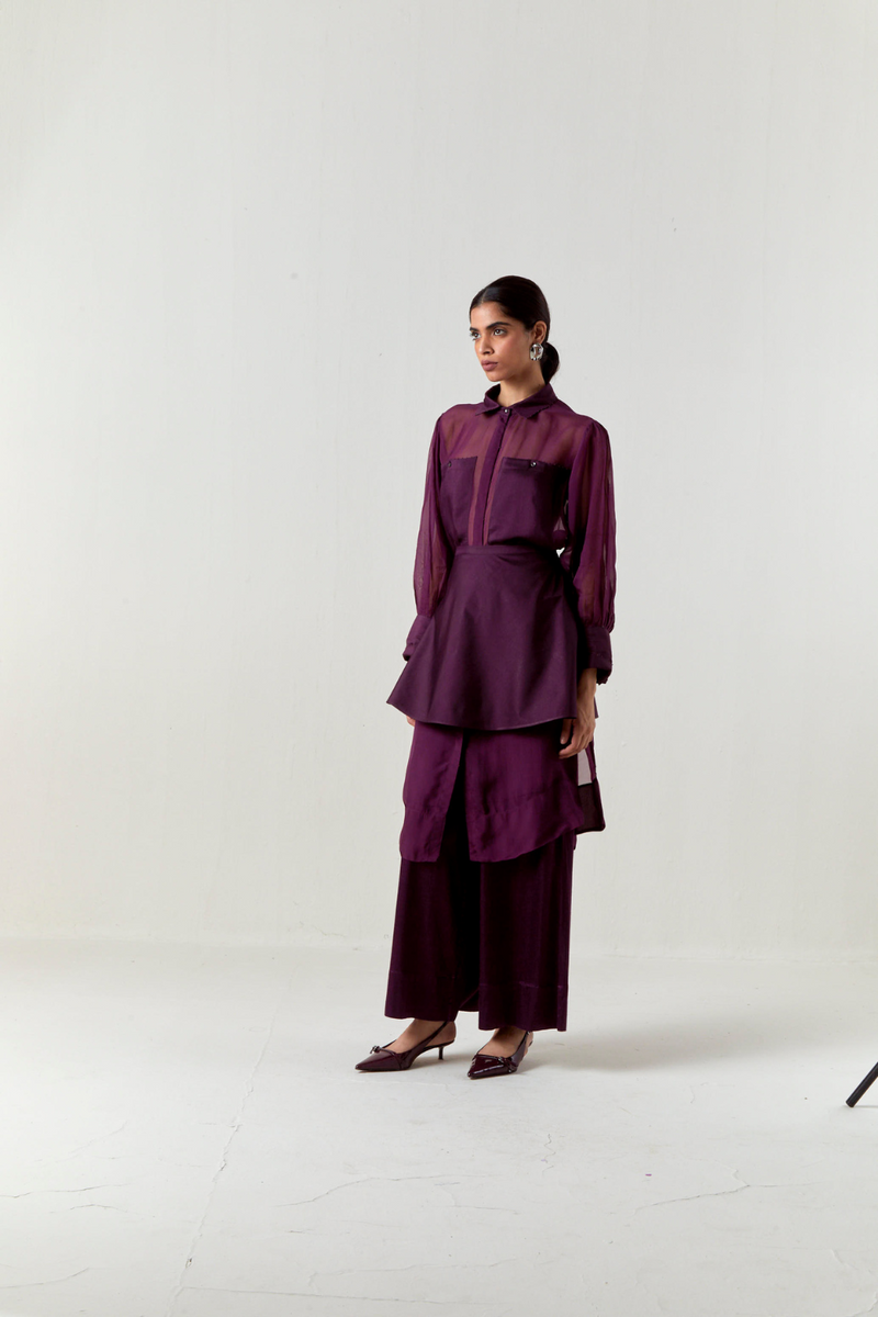 BEADED COLLAR SHEER SHIRT CO-ORD-WINE organza by THREE for women Worldwide
