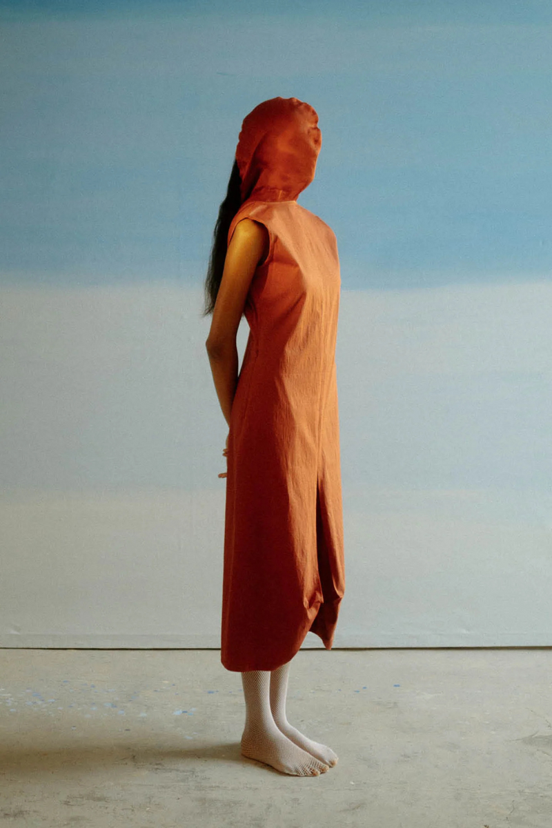 EKAM HOOD DRESS organza by Ituvana in rust color for women Worldwide