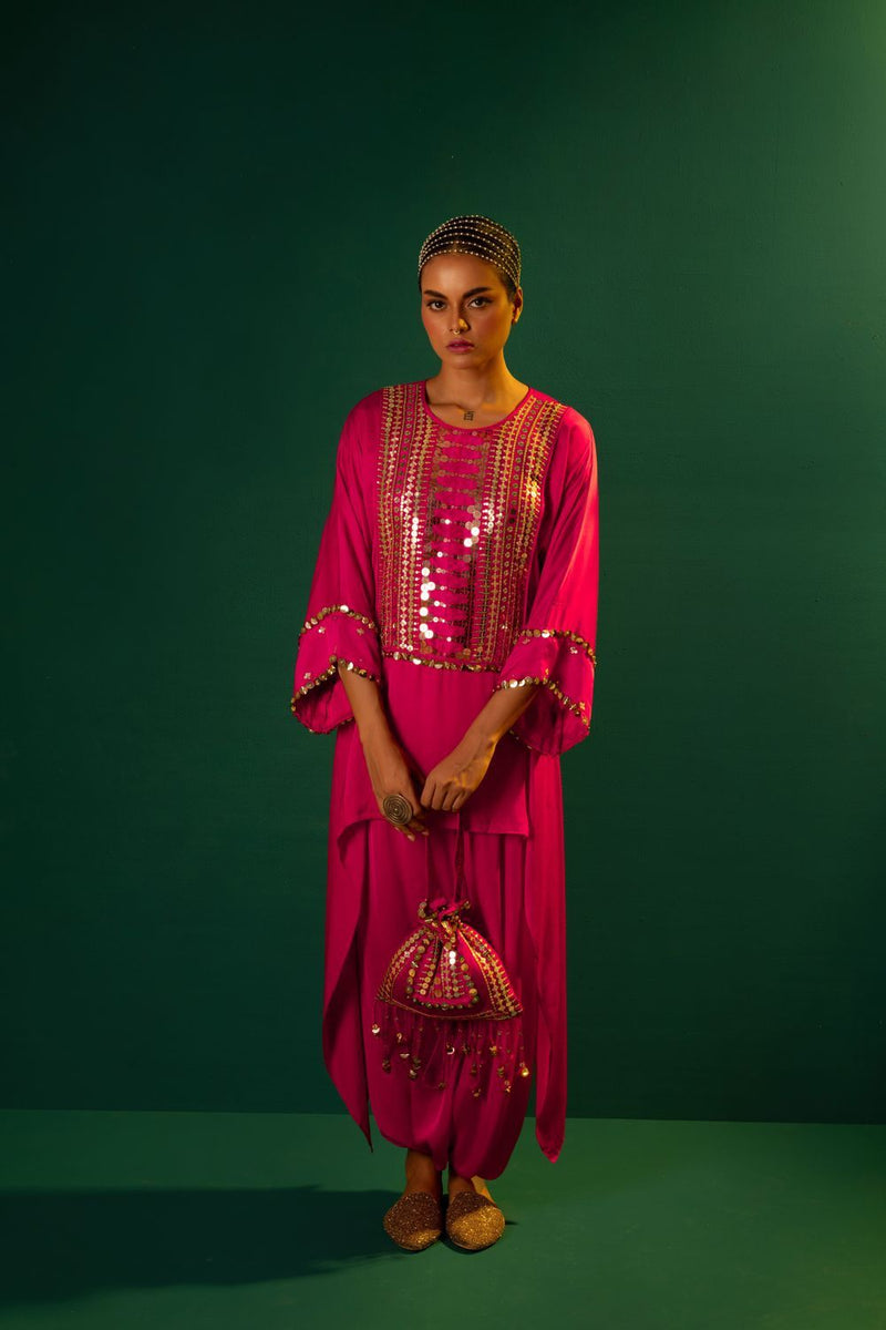 Chamakeen Tunic with Dhoti Skirt satin by PRAHNAAYA in pink color for women Worldwide