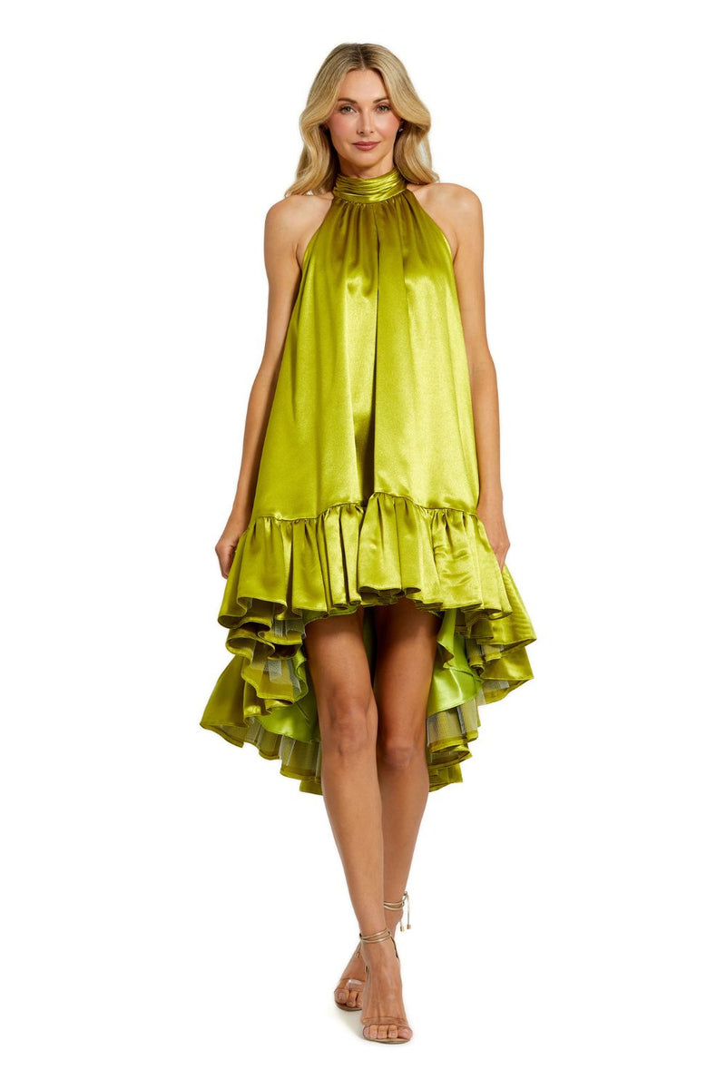 20711-Green High Neck Satin Mini Dress With Keyhole satin by Mac Duggal in green color for women Worldwide