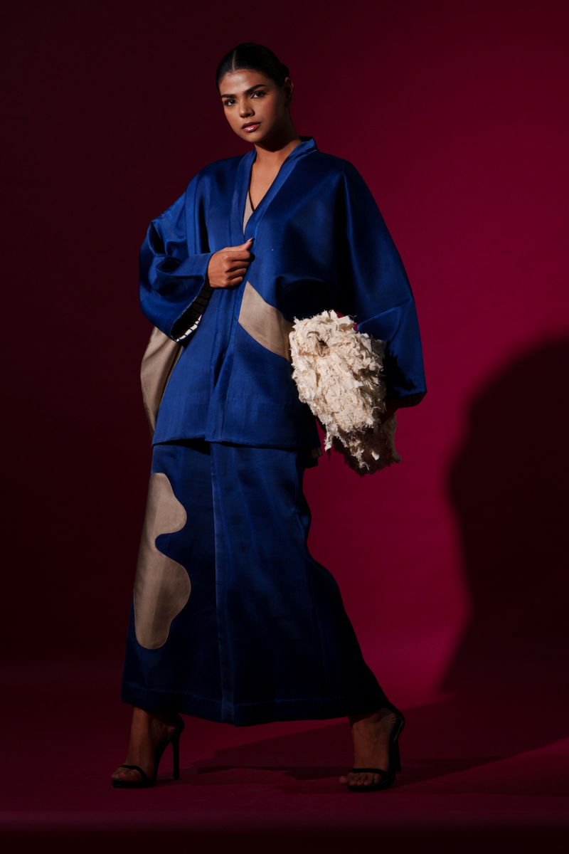 Chia jacket -Blue + Grey satin linen jackets and overlays by Stoique in blue, grey for women Worldwide