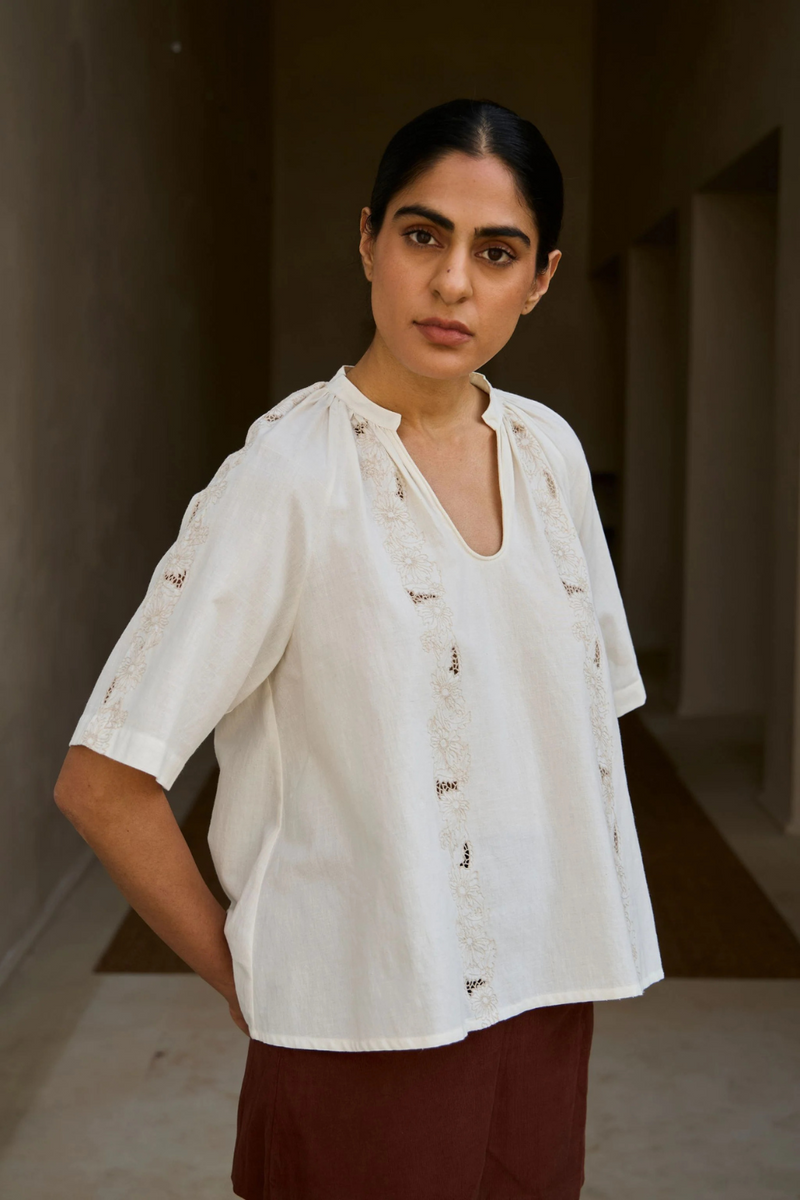 Bheer Handwoven Embroidered Top cotton by The Summer House in white color for women Worldwide