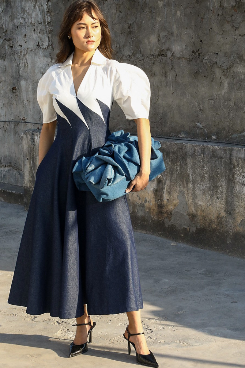 Yacht Dress-Blue & White 100% cotton by Leh Studios in multi color for women Worldwide