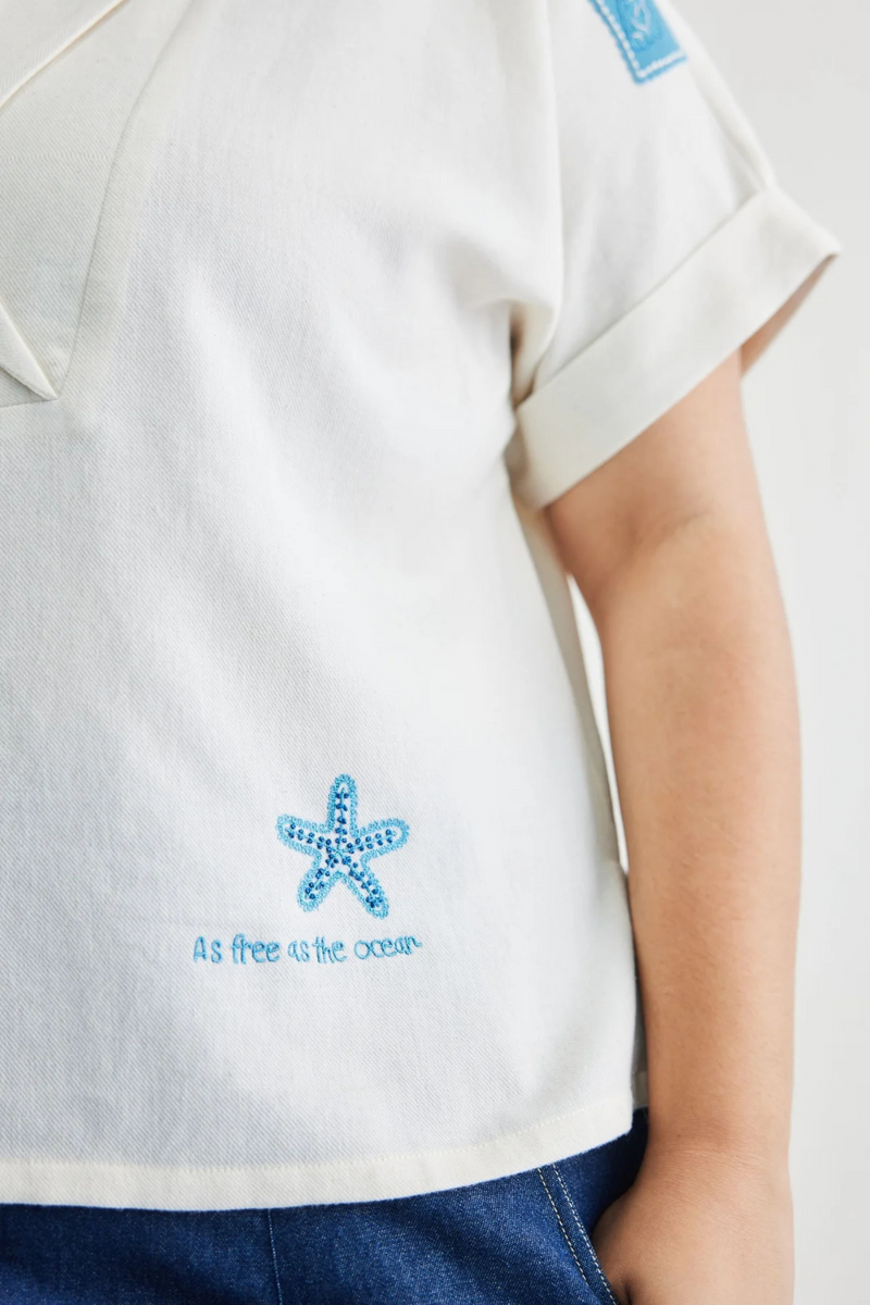 Free As The Ocean Handwoven Twill Top twill by SUI in white color for women Worldwide