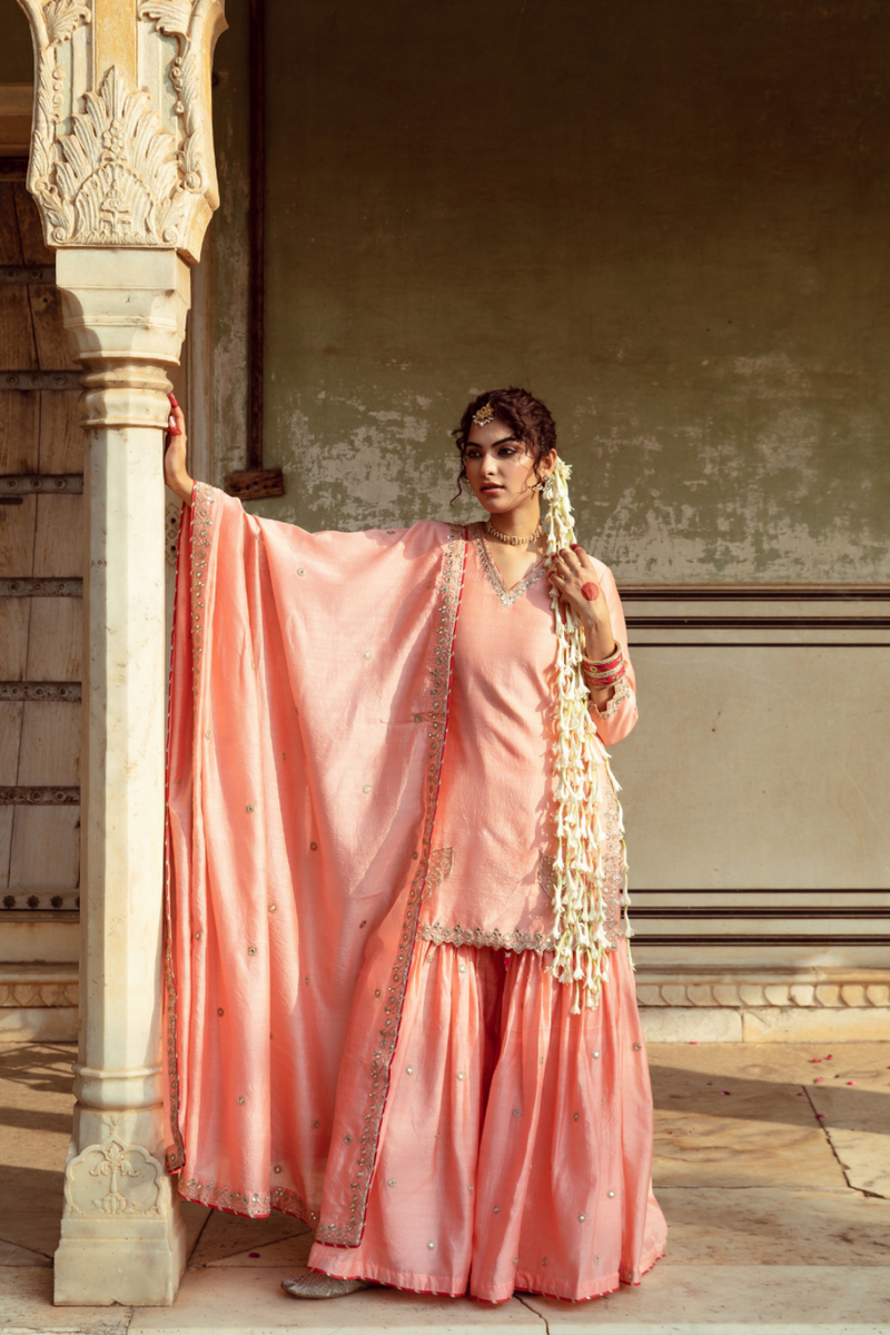 Peach Embroidered Chanderi Silk Sharara Set silk by Maison Shefali in peach color for women Worldwide