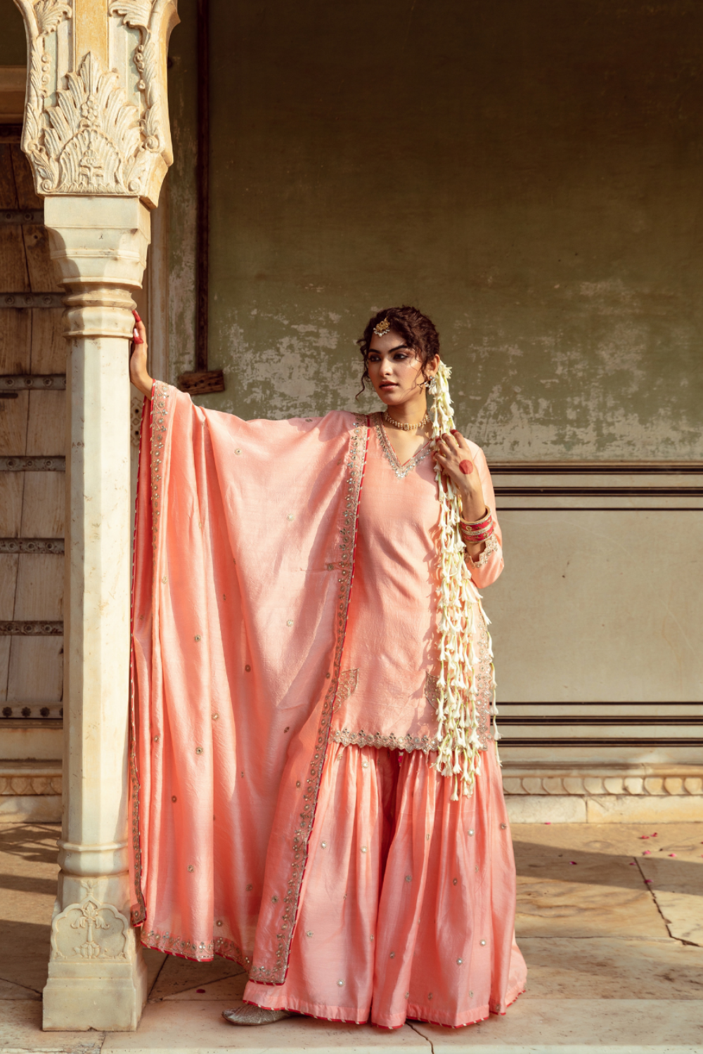 Peach Embroidered Chanderi Silk Sharara Set