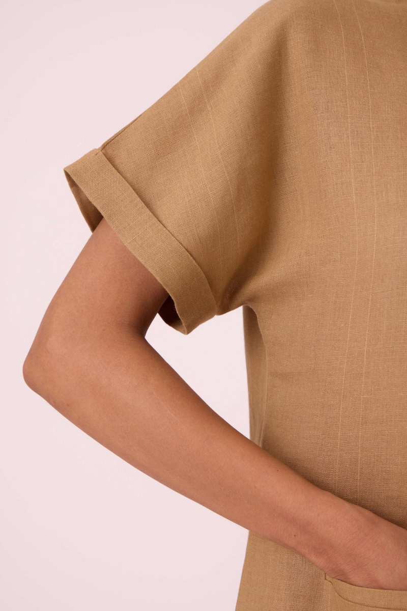 Salome Tan Linen Dress linen by The Summer House in olive color for women Worldwide