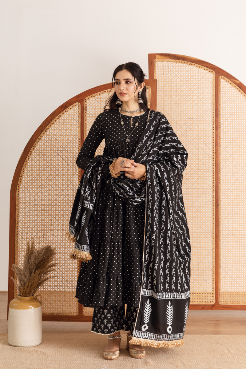 Raat Rani Set - black hand printed cotton kalidar suit set cotton by Maison Shefali in black color for women Worldwide