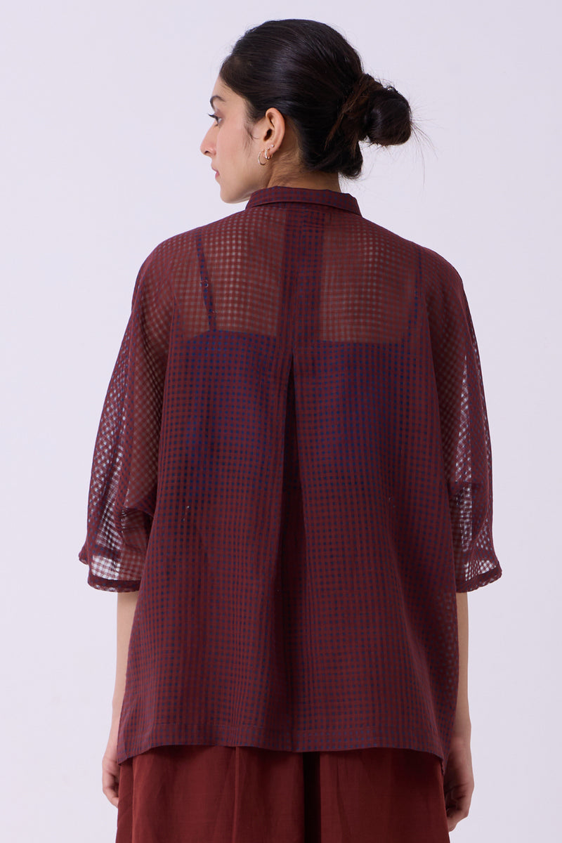 Zuri Blue Checkered HandwovenTop handwoven silk cotton top/shirt by The Summer House in blue for women Worldwide