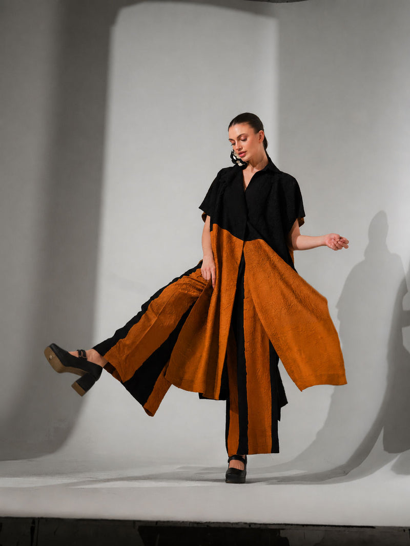 Awaken Tunic-Black + Ochre crushed silk tunics and kaftans by Stoique in black, ochre for women Worldwide