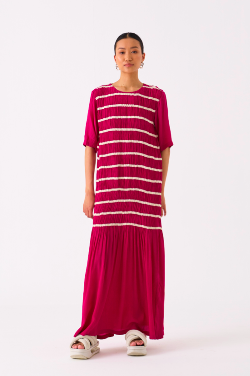 SHIRRING DRESS-FUSCHIA