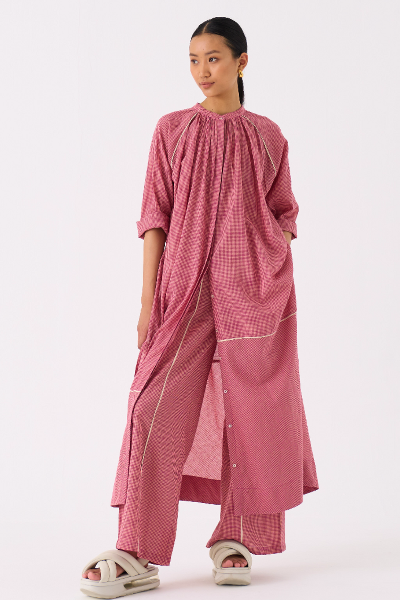 GATHER NECK SHIRT CO-ORD 
(SET OF 2)-PINK CHECK mul by THREE in pink color for women Worldwide