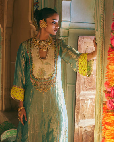 Khel Teal Tissue Yoke Kurta Set