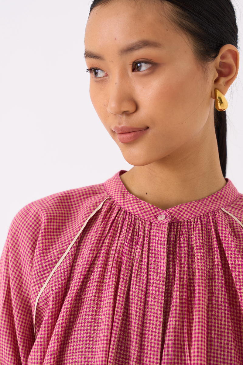 GATHER NECK SHIRT-PINK CHECK mul by THREE in pink color for women Worldwide