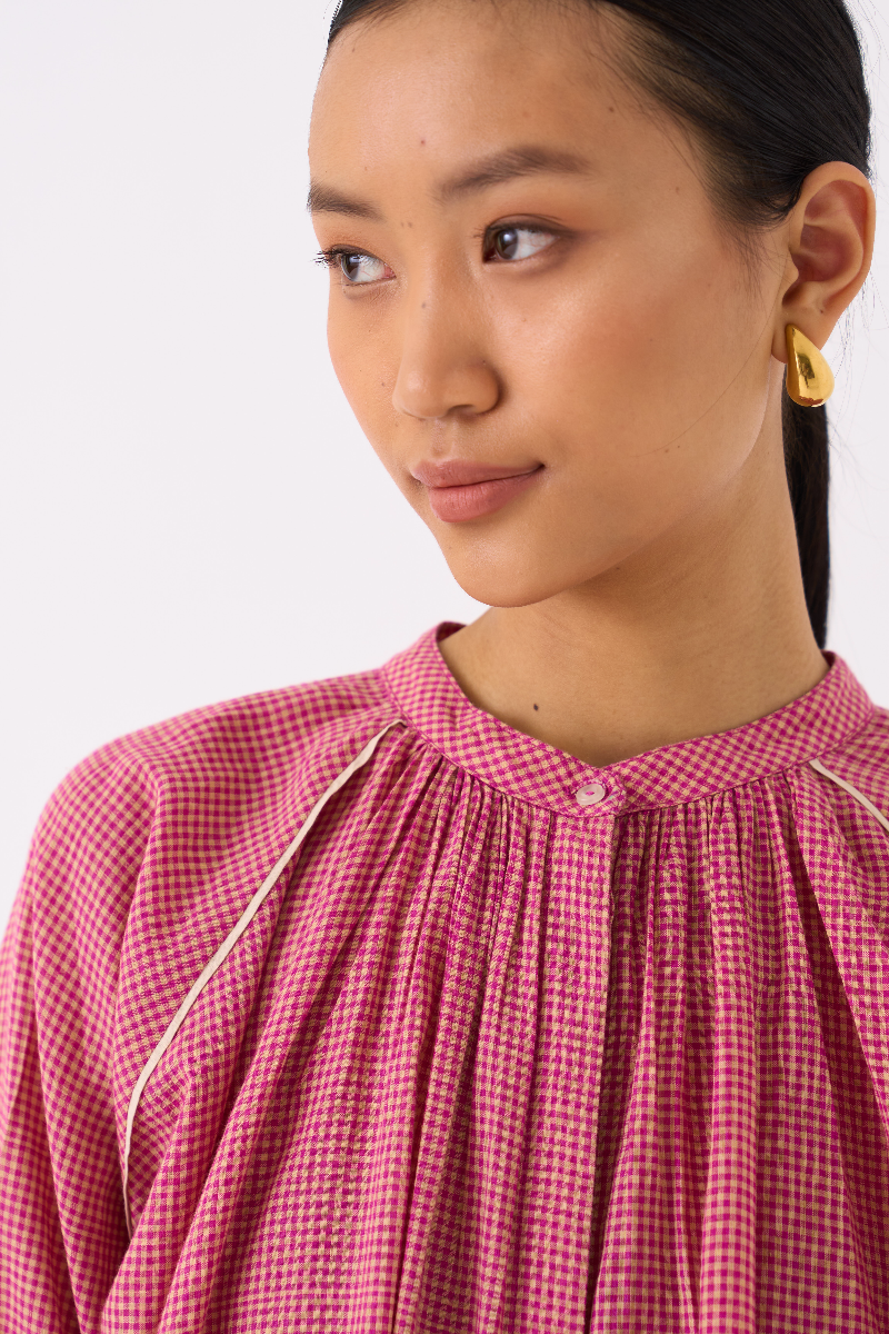 GATHER NECK SHIRT-PINK CHECK