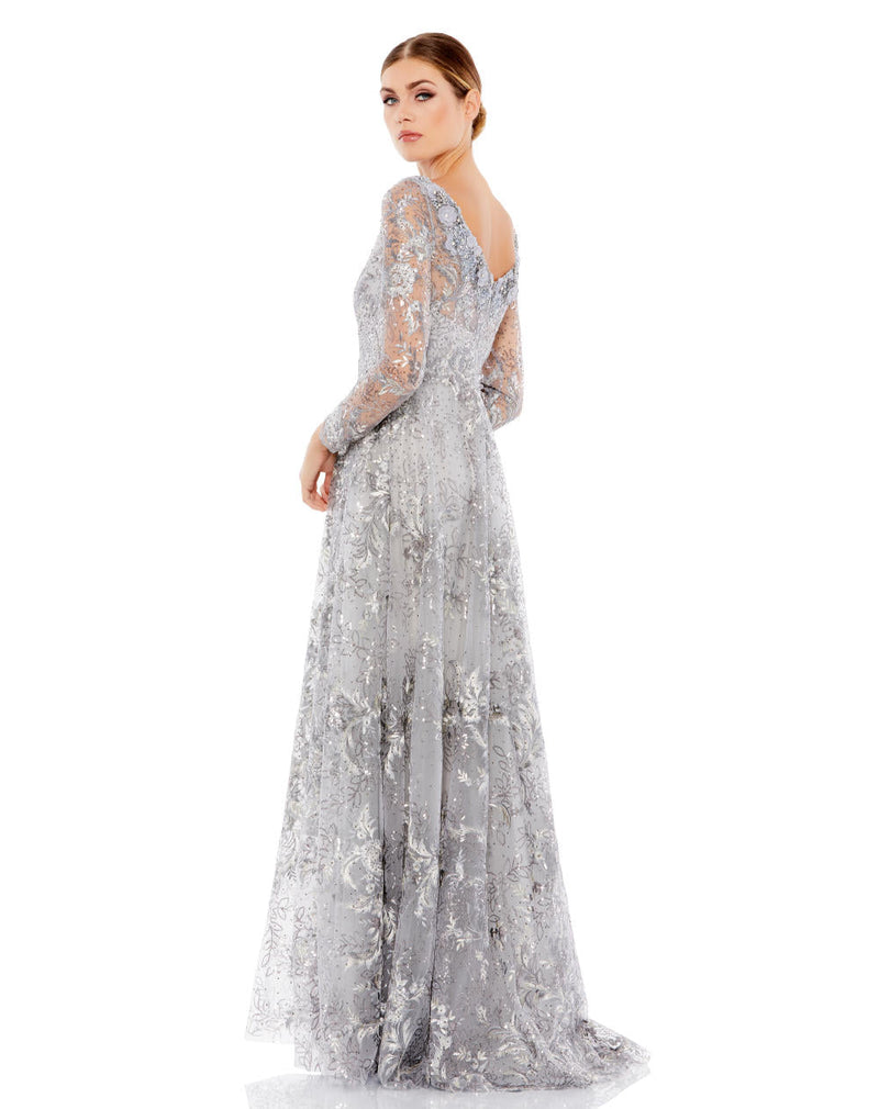 A67498-Floral Embroidered Illusion Long Sleeve Gown by Mac Duggal in silver color for women Worldwide