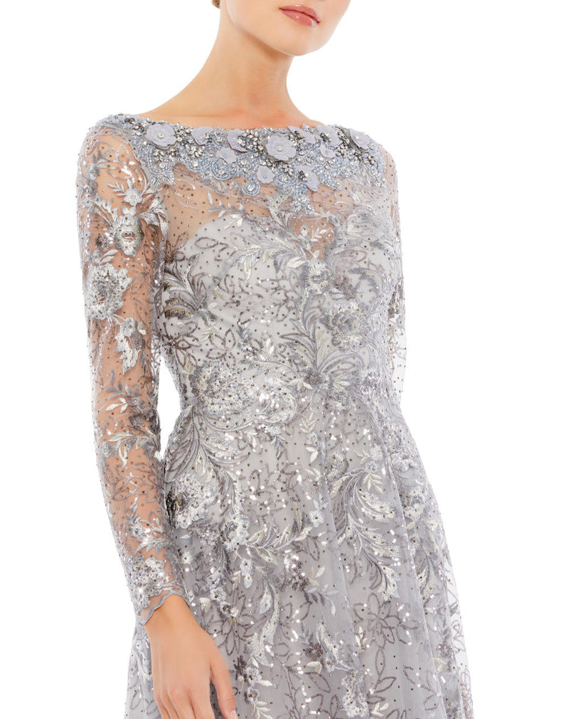 A67498-Floral Embroidered Illusion Long Sleeve Gown by Mac Duggal in silver color for women Worldwide