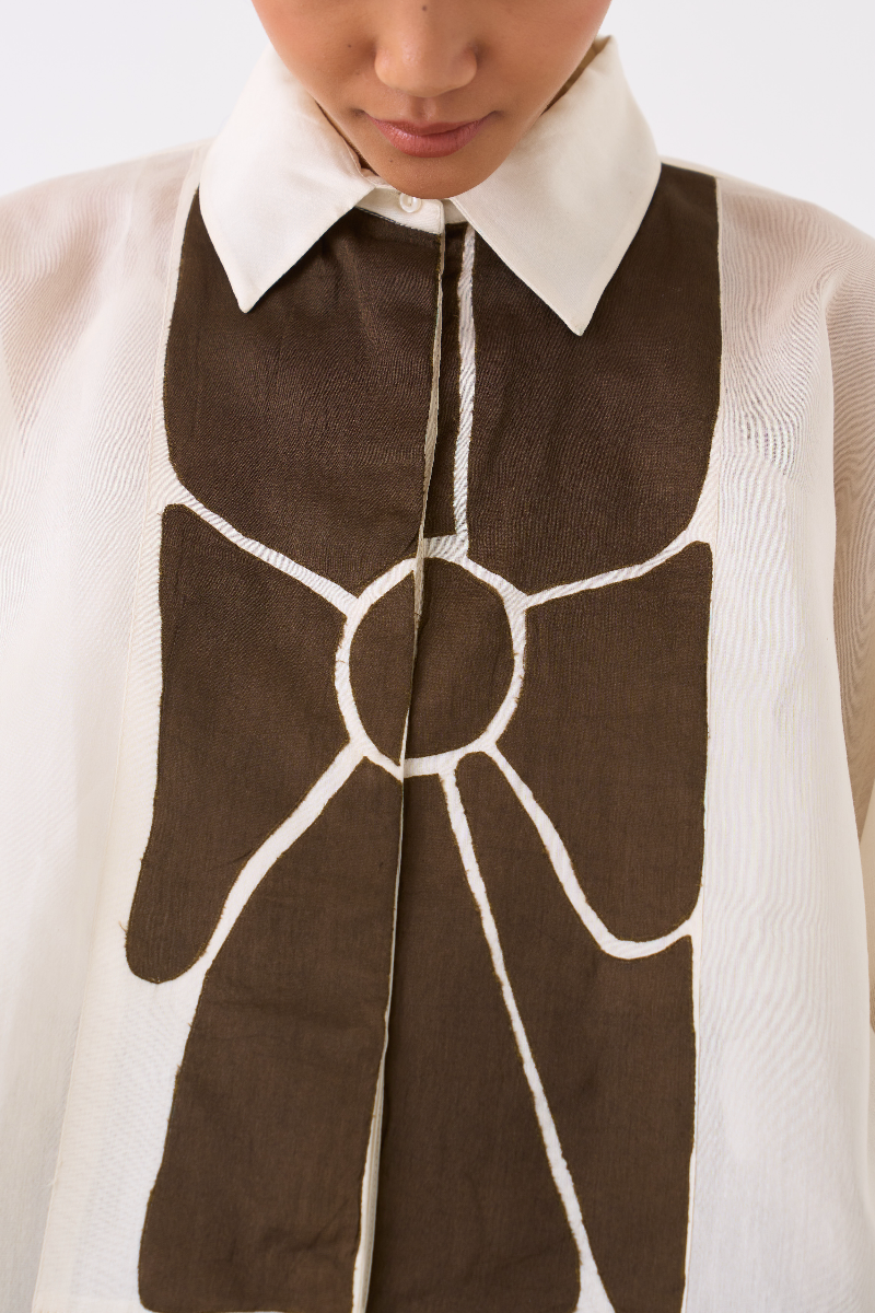 FLORAL APPLIQUE SHIRT-IVORY chanderi by THREE in ivory color for women Worldwide