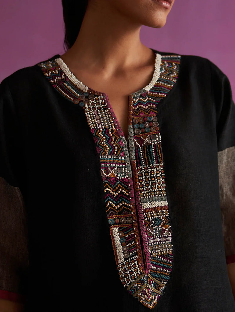 Mato Hand-Embroidered Kurta - Black linen by Manan in black color for women Worldwide